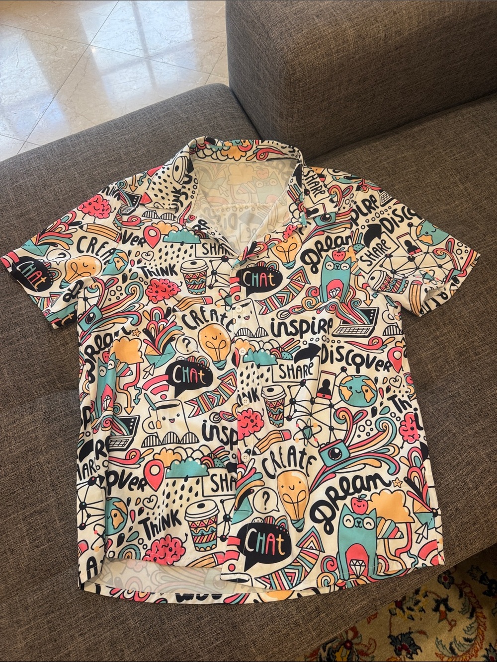 Men's Graphic Short-Sleeve Shirt - White with Multicolor Doodle Print- Large